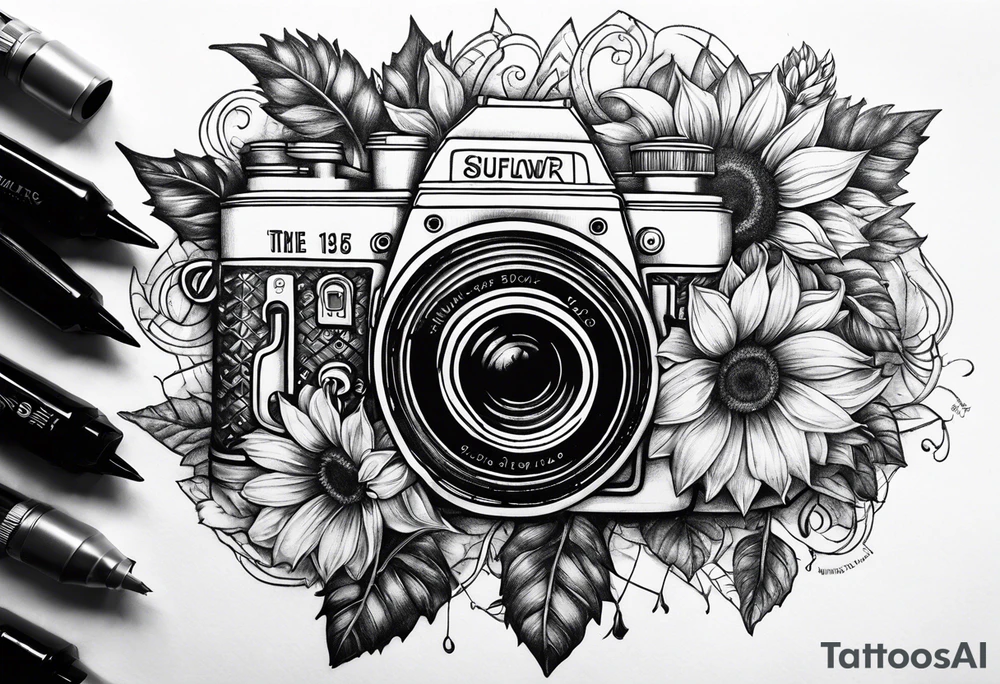 sunflower, camera, flower rose , book tattoo idea
