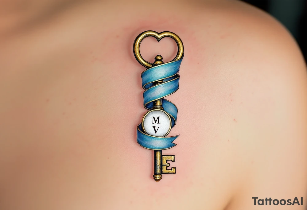 A vintage brass key with a long, flowing ribbon wrapping around the shaft with a lock that features an engraved couple’s initials "M V". Rich brass for the key, pastel blue for the ribbon, and a soft silver lock with engraved initials in gold. tattoo idea