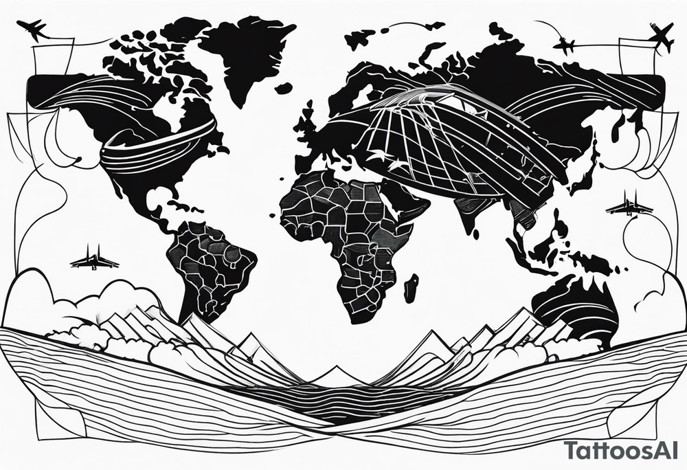 world map, coordinates lines, airplane flying, chip cargo on waves tattoo idea