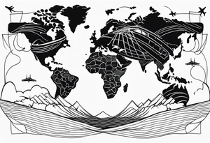 world map, coordinates lines, airplane flying, chip cargo on waves tattoo idea