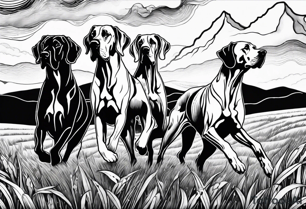 full arm sleeve. Rolling fields and Tennessee mountains with (4) Four Great Dane floppy ear dogs running together in the field tattoo idea