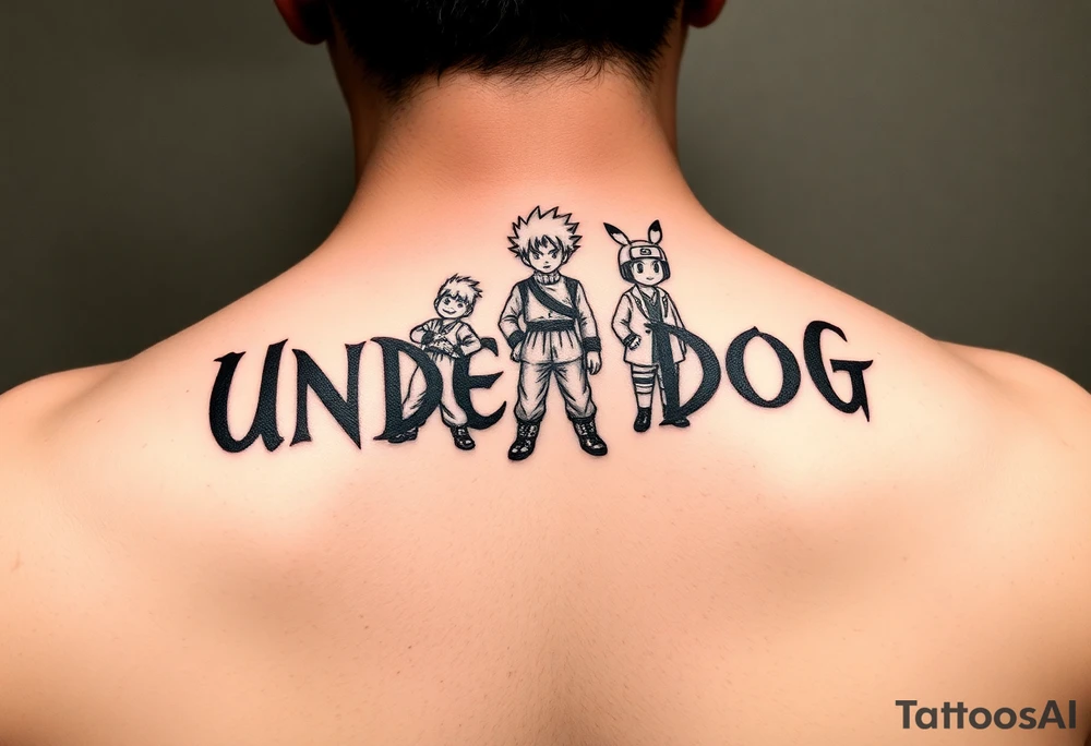 the word underdog in a with 3 anime characters Goku  and Naruto and ippo  one standing in the middle one standing on the right and one standing on the left
 above the word tattoo idea
