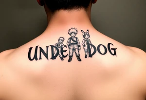 the word underdog in a with 3 anime characters Goku  and Naruto and ippo  one standing in the middle one standing on the right and one standing on the left
 above the word tattoo idea