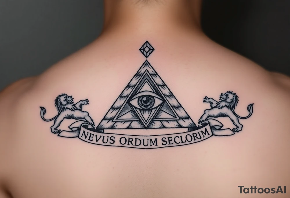 Pyramid with eye in the center, diamond on the top,lions on corners,surrounded by words - novus ordum seclorum tattoo idea