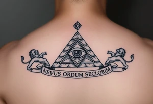 Pyramid with eye in the center, diamond on the top,lions on corners,surrounded by words - novus ordum seclorum tattoo idea