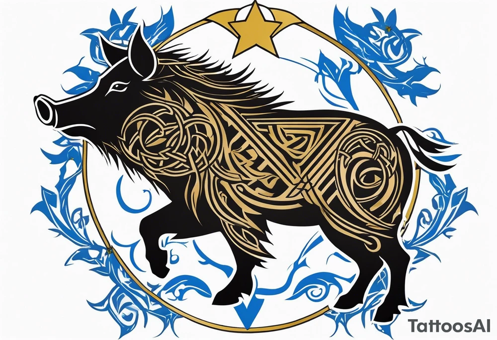 Side profile, Celtic, tribal, wild boar, On a Chatwin family crest with blue background, two gold stars, and a gold Chevron, and a Thistle tattoo idea