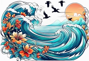 calm sea with birds tattoo idea