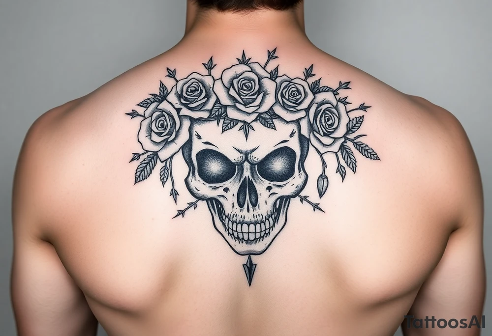 ornate skull adorned with crown of wild roses and thorns tattoo idea