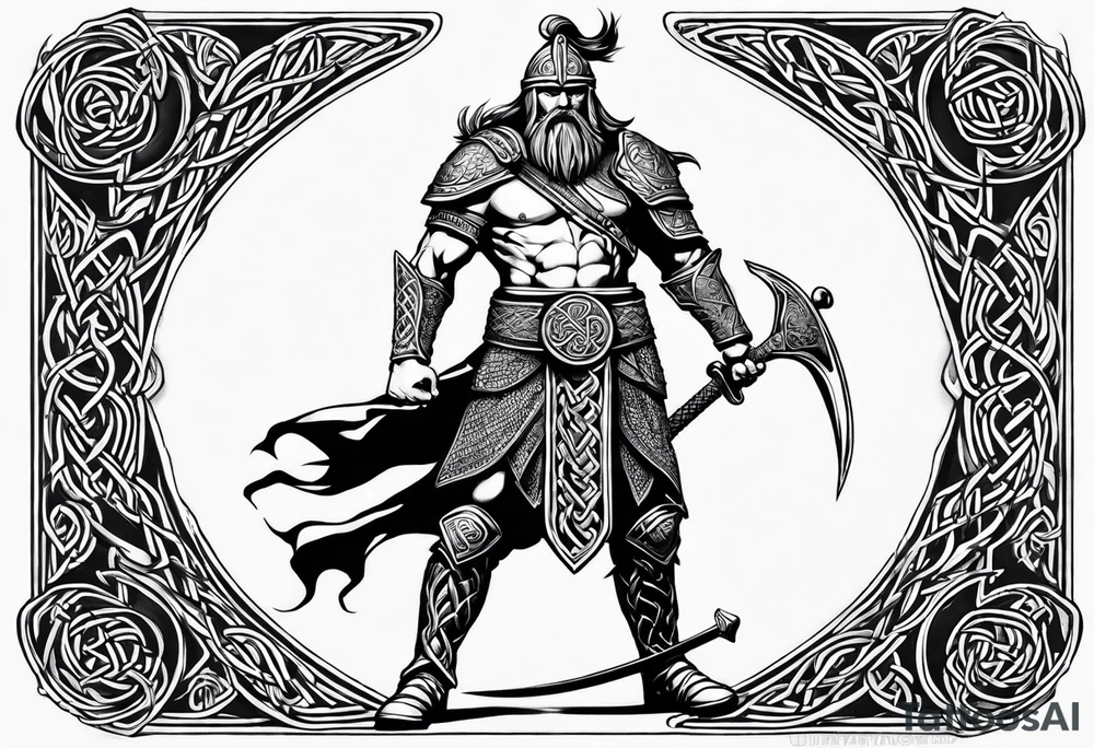 Side facing full body shot of Celtic warrior with weapon unsheathed. tattoo idea