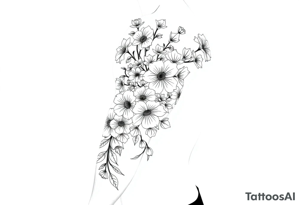 Full sleeve tattoo design of larkspur and hawthorn flowers, highly detailed line art, black ink, elegant botanical style, intertwined composition, no shading, no human mock-up, clean stencil style suitable for tattooing, fit fully within boundaries. LINE ART ONLY, REMOVE HUMAN, NO SKIN tattoo idea