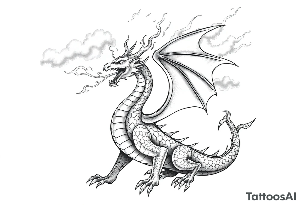 fierce dragon breathing iridescent fire against stormy skies tattoo idea