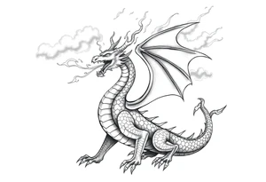 fierce dragon breathing iridescent fire against stormy skies tattoo idea