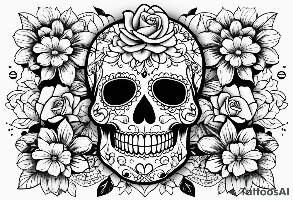 Sugar skull with roses daisies and water lilies for half sleeve tattoo idea