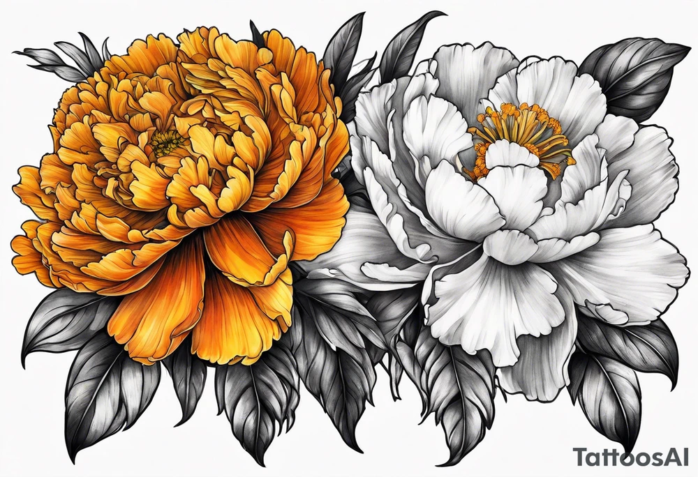 marigold, peony, and narcissus lined up side by side tattoo idea marigold, peony, and narcissus lined up side by side tattoo idea
