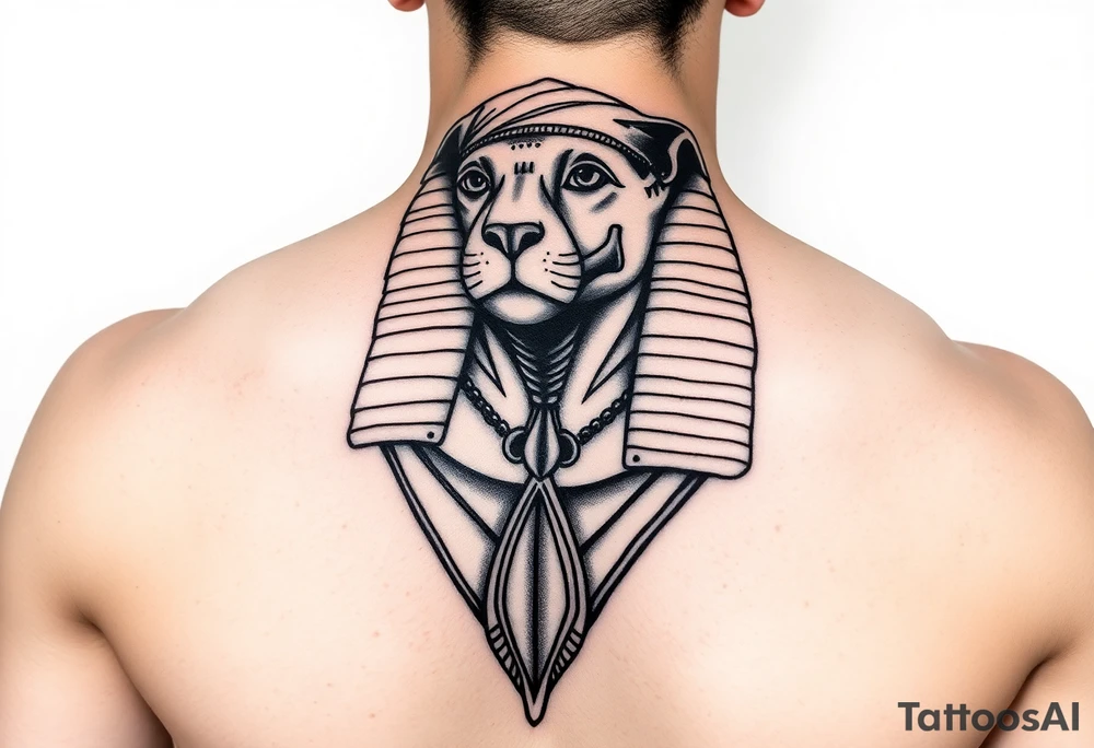 "Sphinx wearing a bandana, teardrop tattoo under 3 eye. 

Style: Prison tattoo meets hieroglyph carving. Black ink, chest piece." tattoo idea