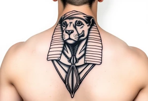 "Sphinx wearing a bandana, teardrop tattoo under 3 eye. 

Style: Prison tattoo meets hieroglyph carving. Black ink, chest piece." tattoo idea
