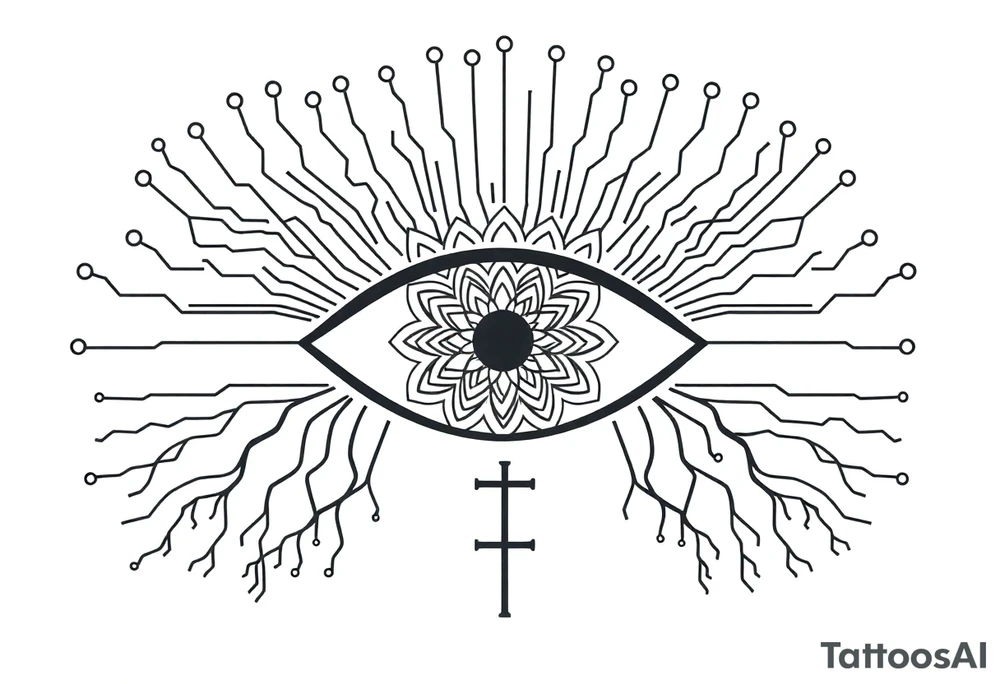 Central Element: A large, stylized eye is the focal point.
	•	The iris of the eye is filled with a mandala pattern, symbolizing depth, balance, and inner awareness.
	•	The lines are fine and clean, forming symmetrical layers and floral-like geometry within the mandala.
	•	Upper Design: From the top of the eye extend circuit-like branches, mimicking electronic pathways.
	•	These lines rise vertically and diagonally in symmetrical fashion, ending in rounded circuit nodes, representing intelligence, logic, and the digital mind.
	•	Lower Design: From the bottom of the eye extend natural tree roots.
	•	These branches flow organically and curve outward, grounding the symbol with themes of nature, growth, and spiritual connection.
	•	Text Element: Below the tree roots is the word “σοφία” in Ancient Greek, meaning wisdom.
	•	The font is clean and classical, giving it a timeless, philosophical presence.
	•	Religious Symbol: Directly below the Greek word is a simple, black cross.
	•	The cross is thin, minimal, and vertically aligned with the center of the eye, representing faith, spirituality, or divine guidance.
	•	Placement: on the back tattoo idea