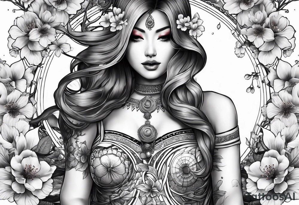 solar system with cherry blossoms spread about spine tattoo idea
