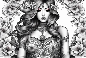solar system with cherry blossoms spread about spine tattoo idea