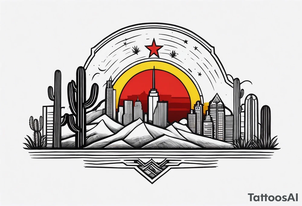 Crest with a hood on top,
13 rays of red and weld-yellow on the top half. NYC sky line
a cactus on the left side and a royal palm on the right side tattoo idea