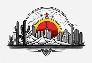 Crest with a hood on top,
13 rays of red and weld-yellow on the top half. NYC sky line
a cactus on the left side and a royal palm on the right side tattoo idea