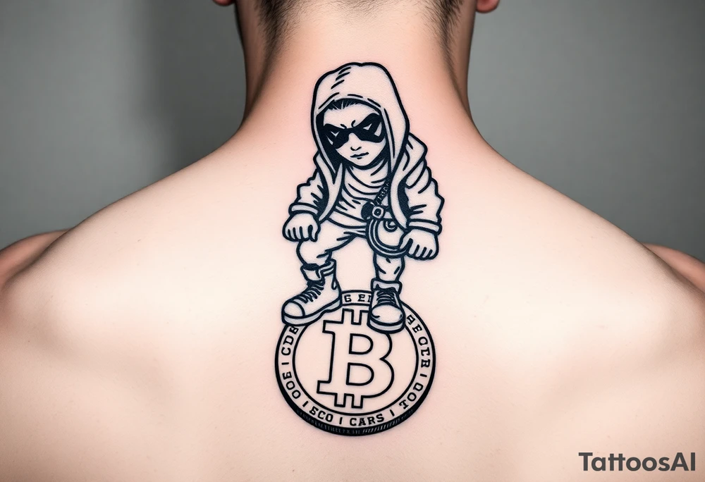 Create a custom neck tattoo stencil Use a street-art / pop-art vibe (cartoon figures, bold lines, X-ed out eyes). Have the main character stepping on a bitcoin, make them in todays street designer fashion if possible tattoo idea
