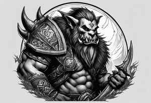 orc from world of warcraft with a dead dire wolf pelt on its head tattoo idea
