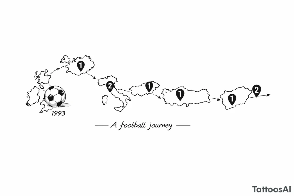 A football journey no crests stars each country on how many times ive played there
A fine-line world map or stylized route connecting Iceland ➔ Italy ➔ Spain ➔ Turkey ➔ Hungary ➔ France, with minimalist markers for each club.
Starting in uk 1993 realist tattoo idea