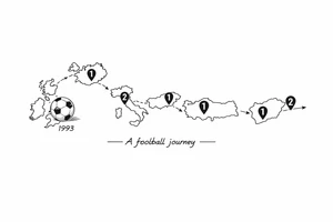 A football journey no crests stars each country on how many times ive played there
A fine-line world map or stylized route connecting Iceland ➔ Italy ➔ Spain ➔ Turkey ➔ Hungary ➔ France, with minimalist markers for each club.
Starting in uk 1993 realist tattoo idea
