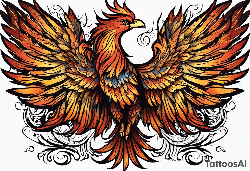 A majestic fire phoenix, rising powerfully with its wings spread wide and feathers flowing, representing rebirth and resilience. The phoenix is detailed with intricate feathers, creating a sense of movement and vitality. The design is bold, with deep shading and texture that adds dimension and intensity to its form. tattoo idea
