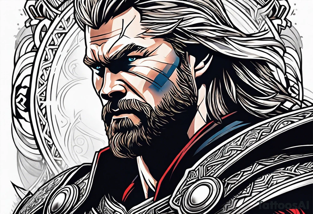 The Mighty Thor that looks like the Chris Hemsworth version with lightning in the background tattoo idea