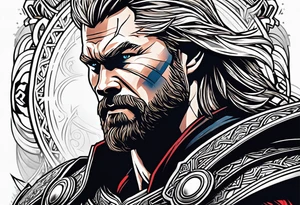 The Mighty Thor that looks like the Chris Hemsworth version with lightning in the background tattoo idea