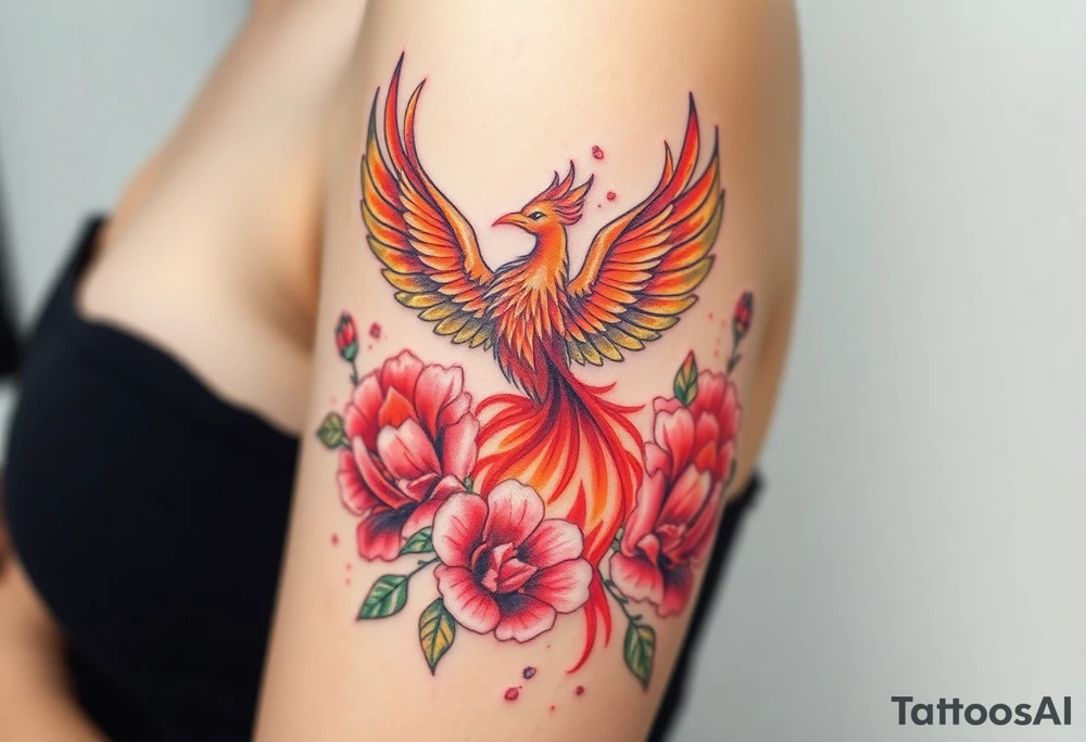 A pheonix rising out of fire surrounded by carnation flowers on the upper arm tattoo idea