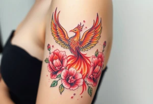 A pheonix rising out of fire surrounded by carnation flowers on the upper arm tattoo idea