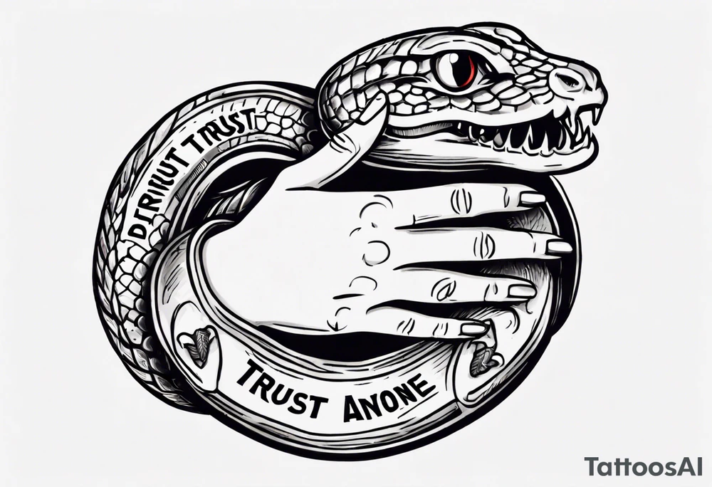 The hand holds a snake with the inscription (don't trust anyone) tattoo idea