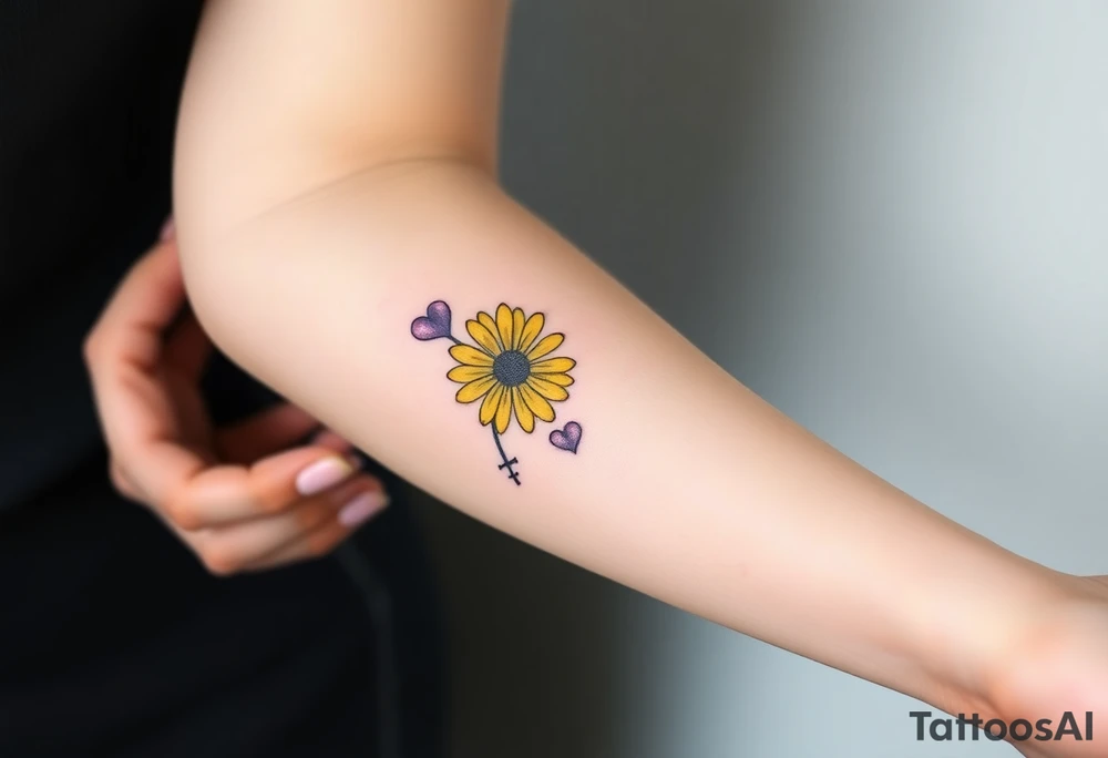 Simple yellow daisy with Purple Hearts & cross tattoo idea