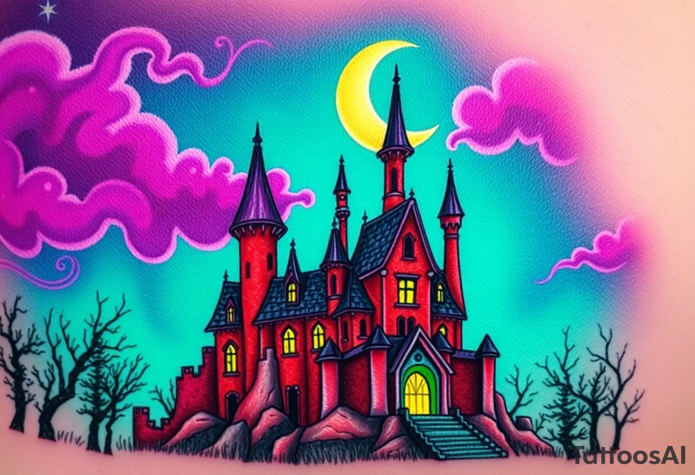 Tim Burton’s disney sleeping beauty’s haunted castle is abandoned and dripping with muted reds, dusty pinks, and eerie green glow.purple and cyan smokey clouds swirl in the crescent moonlit sky thats sprinkled with stars tattoo idea tattoo idea