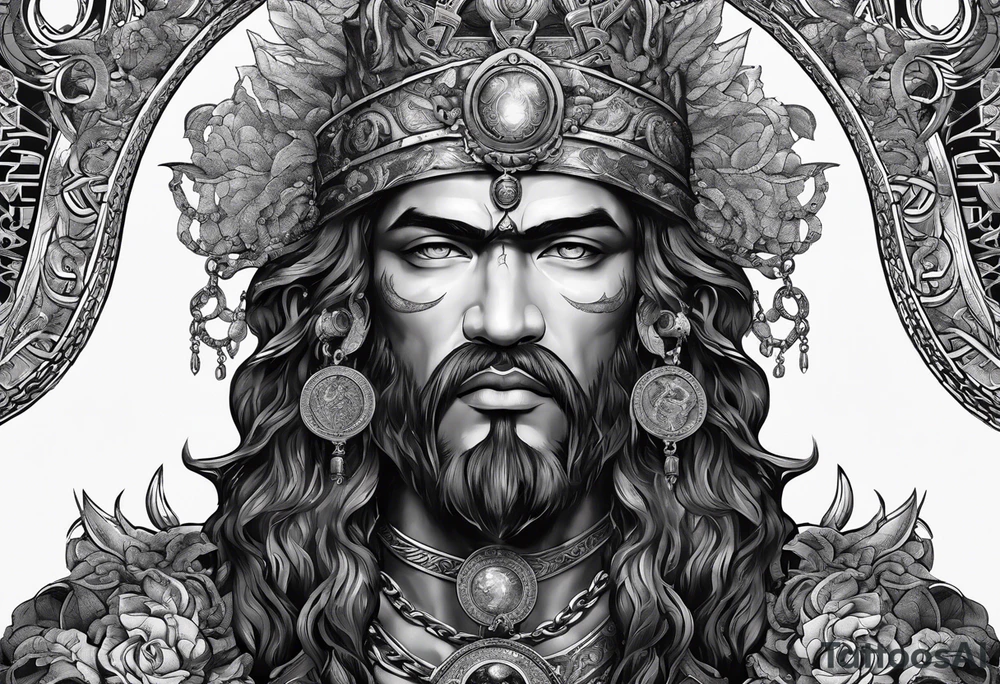 ancient god atlas ( young looking version ) surrounded by big chains and carrying the world top of his head tattoo idea