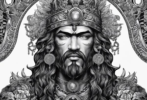 ancient god atlas ( young looking version ) surrounded by big chains and carrying the world top of his head tattoo idea