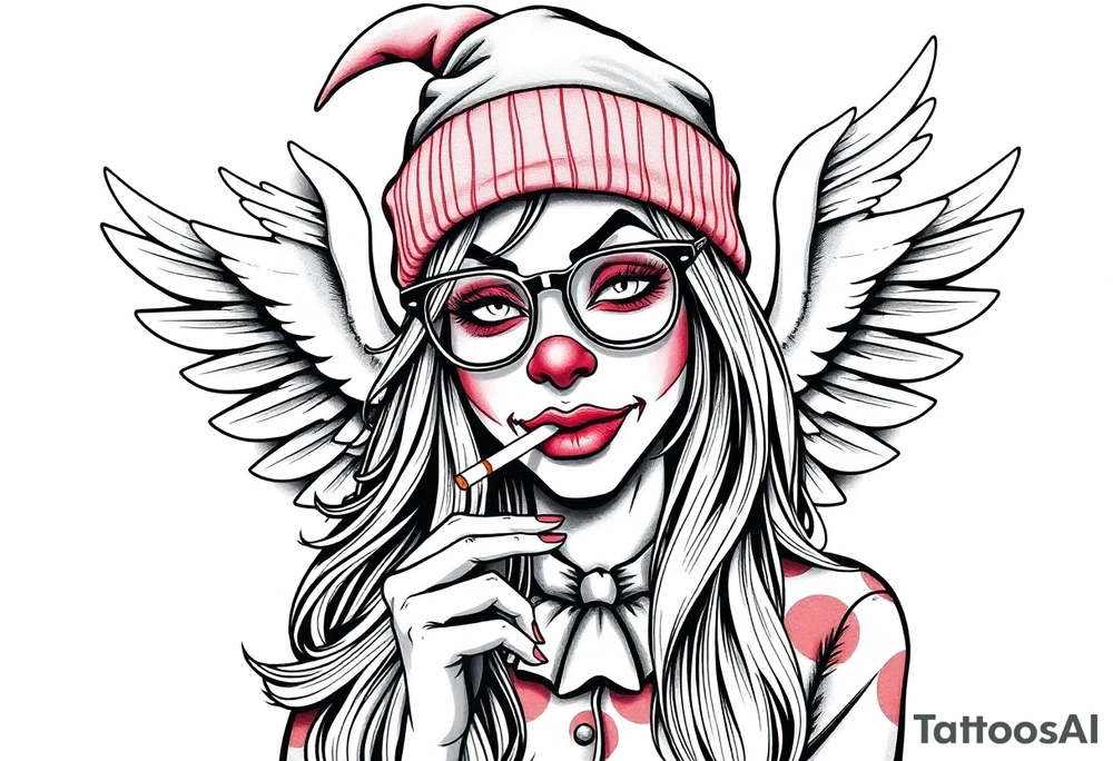 beautiful long hair Clown Girl thug beanie eyeglasses angel wings smoking cigarette tattoo idea