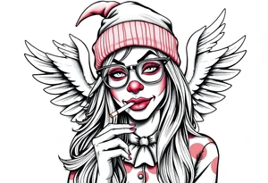 beautiful long hair Clown Girl thug beanie eyeglasses angel wings smoking cigarette tattoo idea