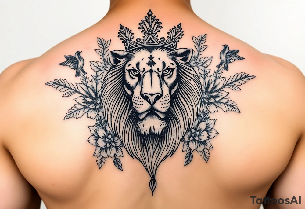 powerful majestic lion with a crown, surrounded by floral ornaments and birds tattoo idea
