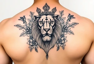 powerful majestic lion with a crown, surrounded by floral ornaments and birds tattoo idea