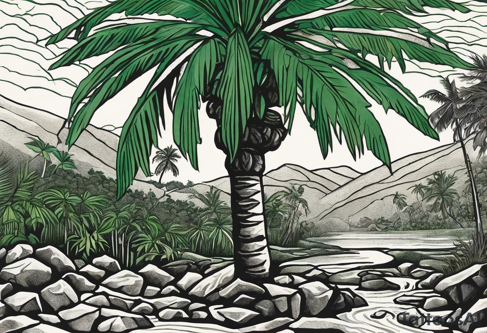 Tattoo: A striking Gachala emerald sits at the base of a tall quindio wax palm, which grows resiliently from cracks in rugged, rocky soil. The emerald is the main focal point, symbolizing strength and endurance, while the wax palm, rooted in the soil’s crevices, represents growth and resilience. A small water stream flows gently from the rocks, adding an element of life and nourishment. Style: Realism. tattoo idea