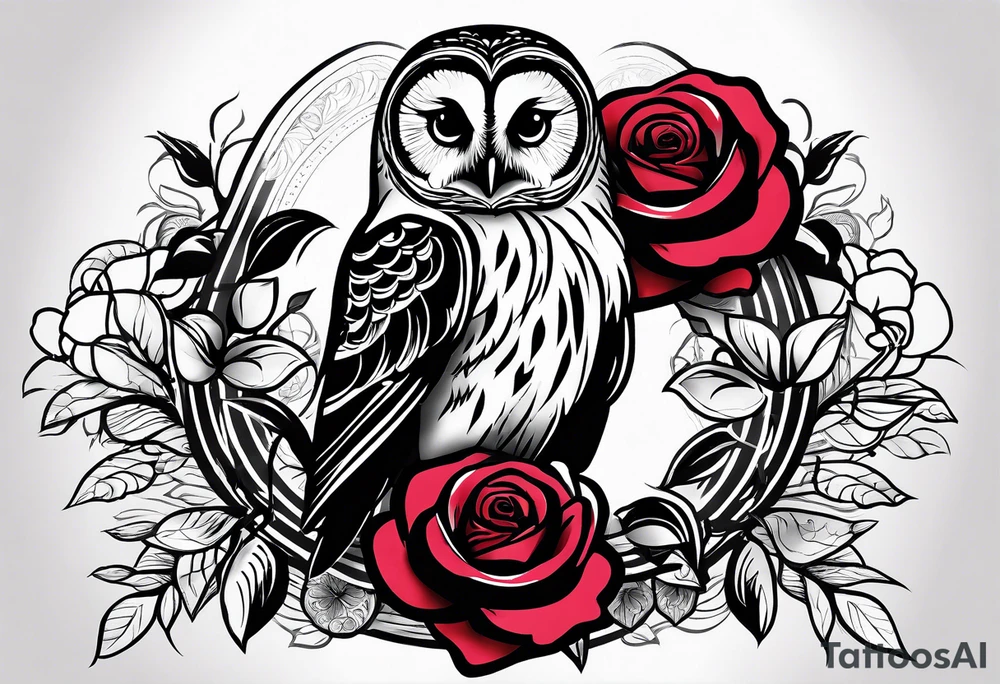 Barred owl and a rose with writing “but the greatest of these is love” tattoo idea