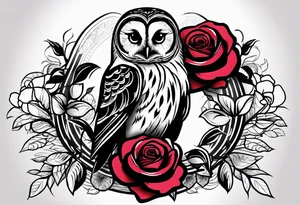 Barred owl and a rose with writing “but the greatest of these is love” tattoo idea