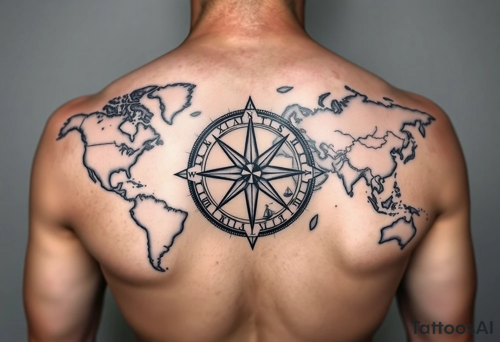 antique compass rose overlaid on weathered world map with sailing ships tattoo idea