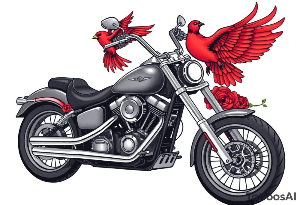 Harley grey motorcycle driving away, two red birds flying, roses, flames, angel wings tattoo idea