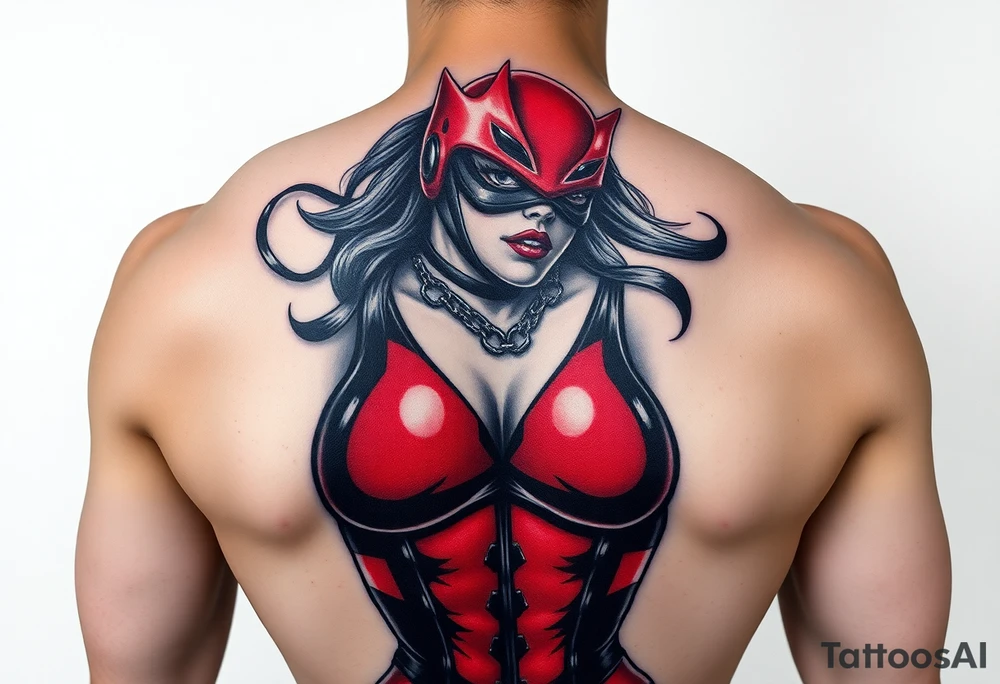 powerful female dominatrix wearing a red latex catsuit wearing a facemask tying up her submissive tattoo idea