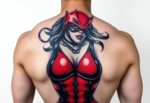 powerful female dominatrix wearing a red latex catsuit wearing a facemask tying up her submissive tattoo idea